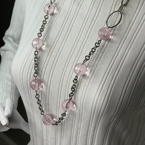 silver tone chunky chain link necklace with faceted pink resin beads jewelry - Picture 2 of 16
